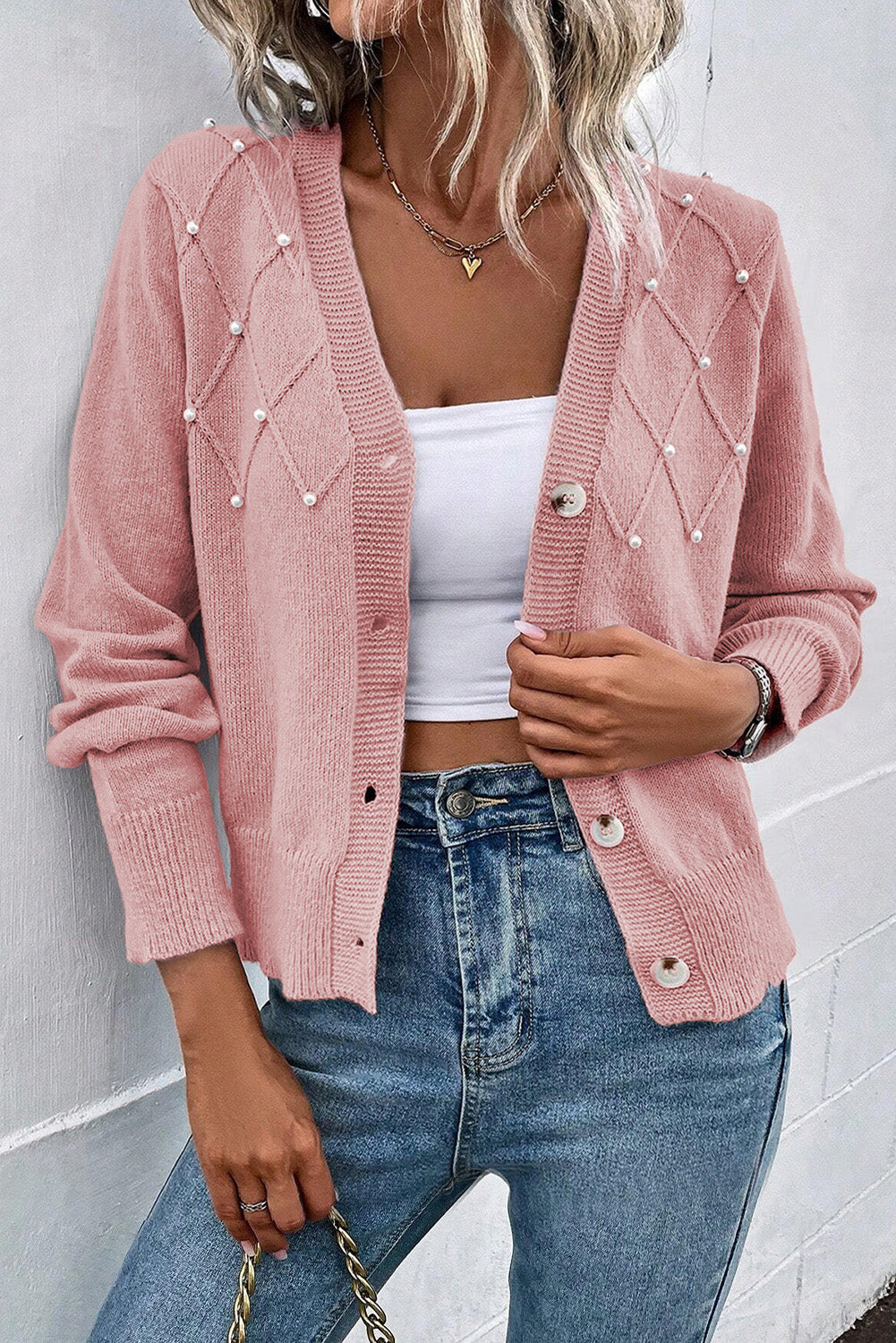 Sepia Rose Pearl Beaded Button Up Knit Cardigan