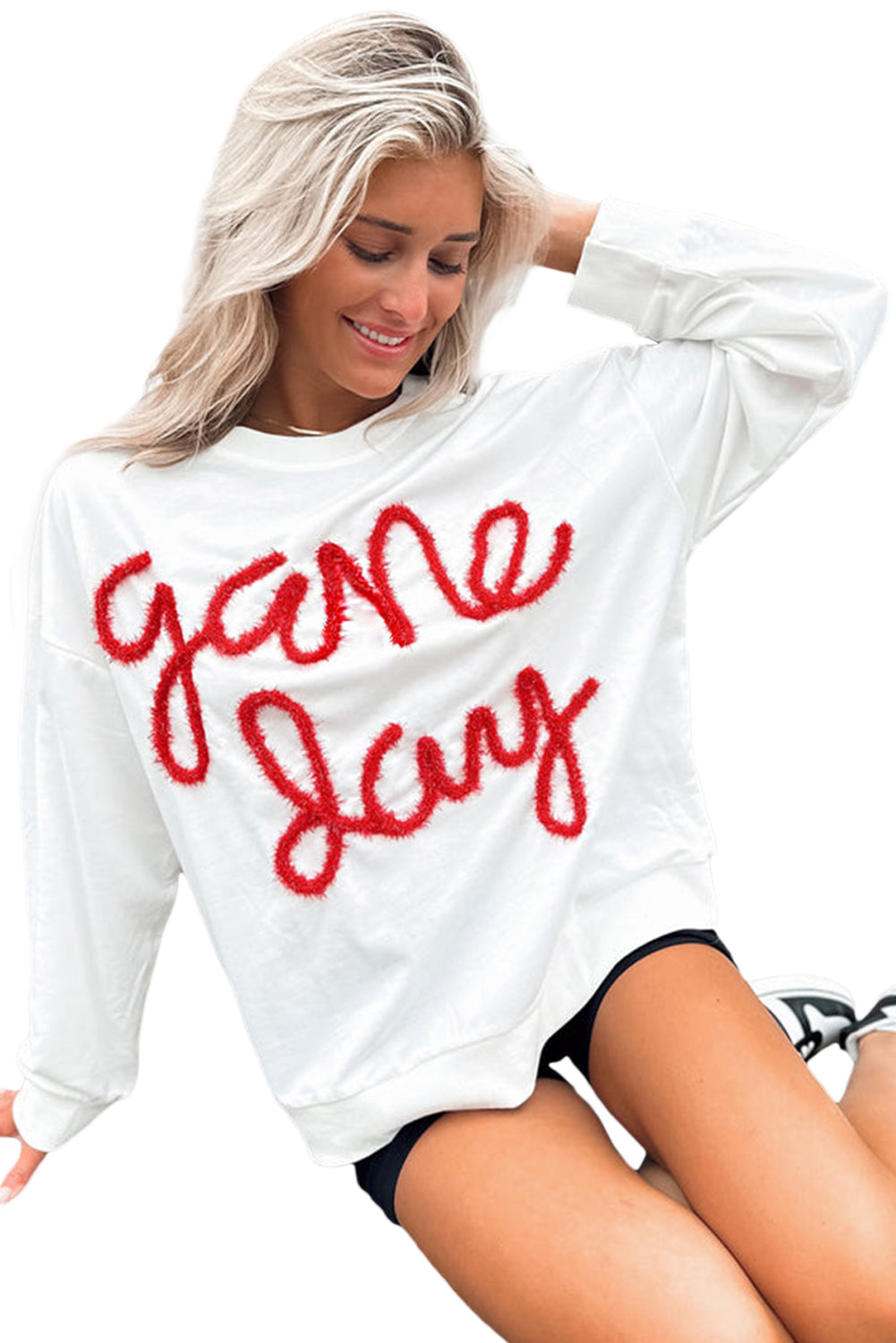 White With Red Tinsel Game Day Drop Shoulder Sweatshirt