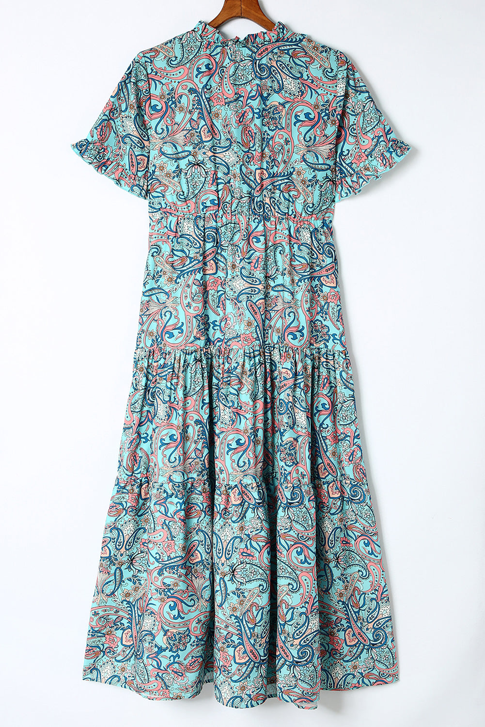 Sky Blue Paisley Print Split V Neck Tiered Boho Maxi Dress