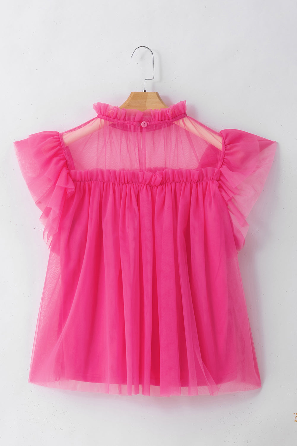 Strawberry Pink Ruffle Trim Mesh Layered Blouse