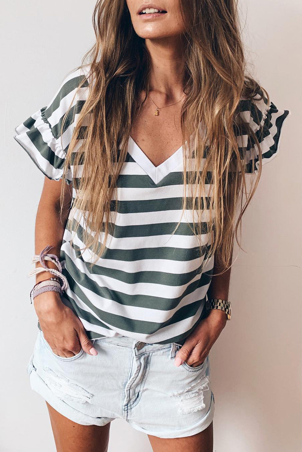 Black Striped V Neck Ruffle Sleeve Top