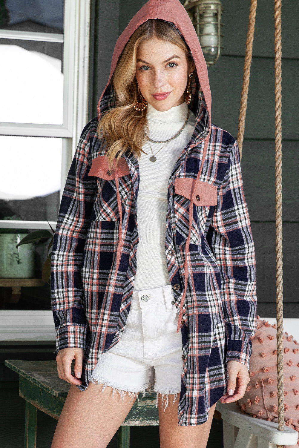 Pink Plaid Contrast Hooded Drawstring Shacket