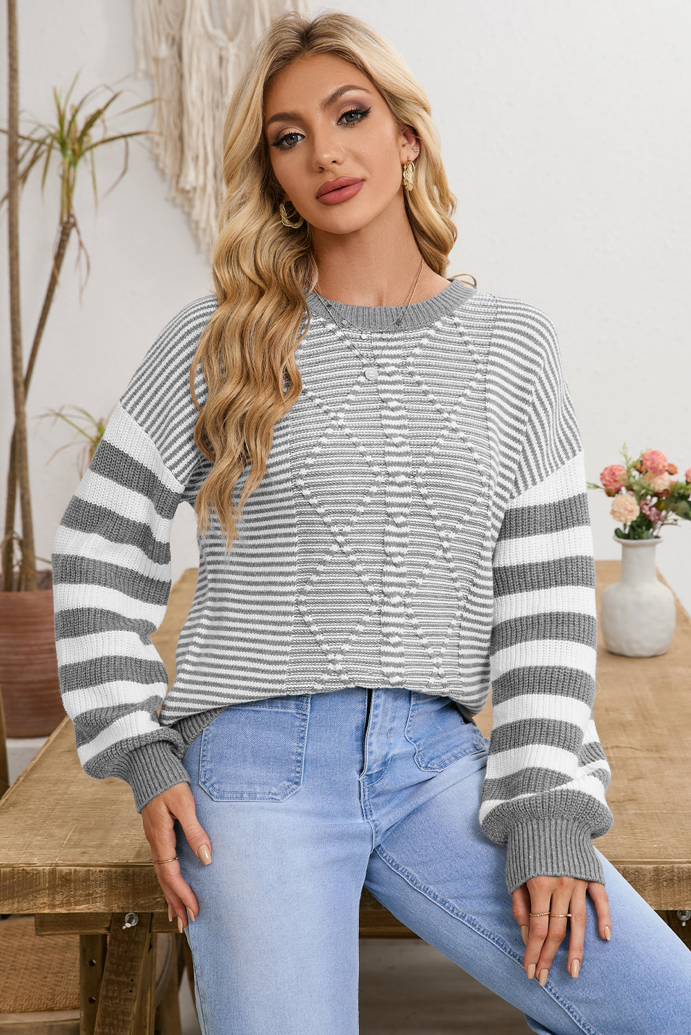 Red and White Stripe Twisted Knitted Drop Shoulder Sweater