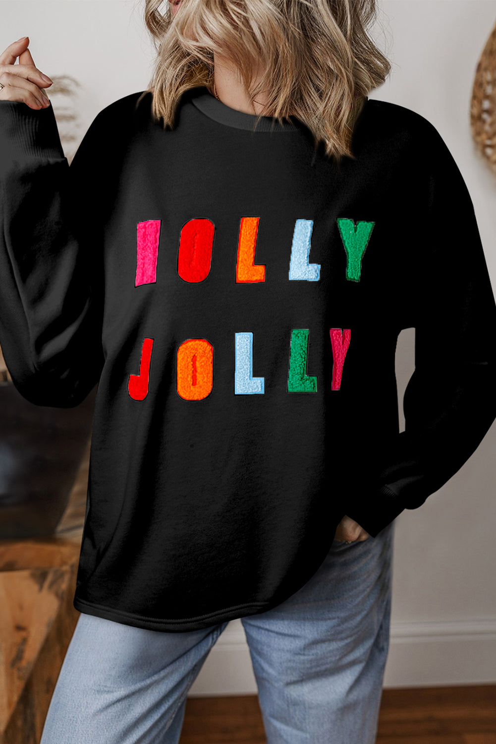 Bonbon Chenille Holly Jolly Graphic Christmas Long Sleeve Sweatshirt