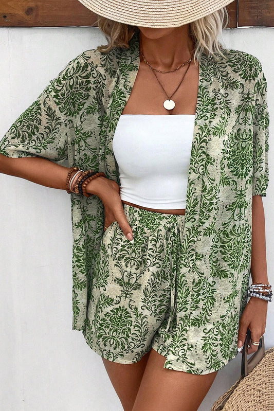 Green Floral Open Front Shirt and Drawstring Shorts Set