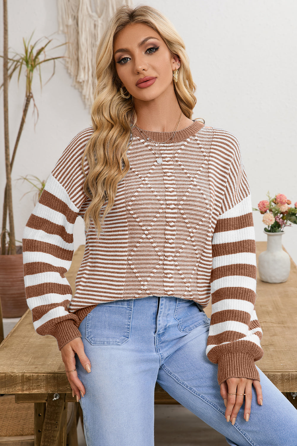 Red and White Stripe Twisted Knitted Drop Shoulder Sweater