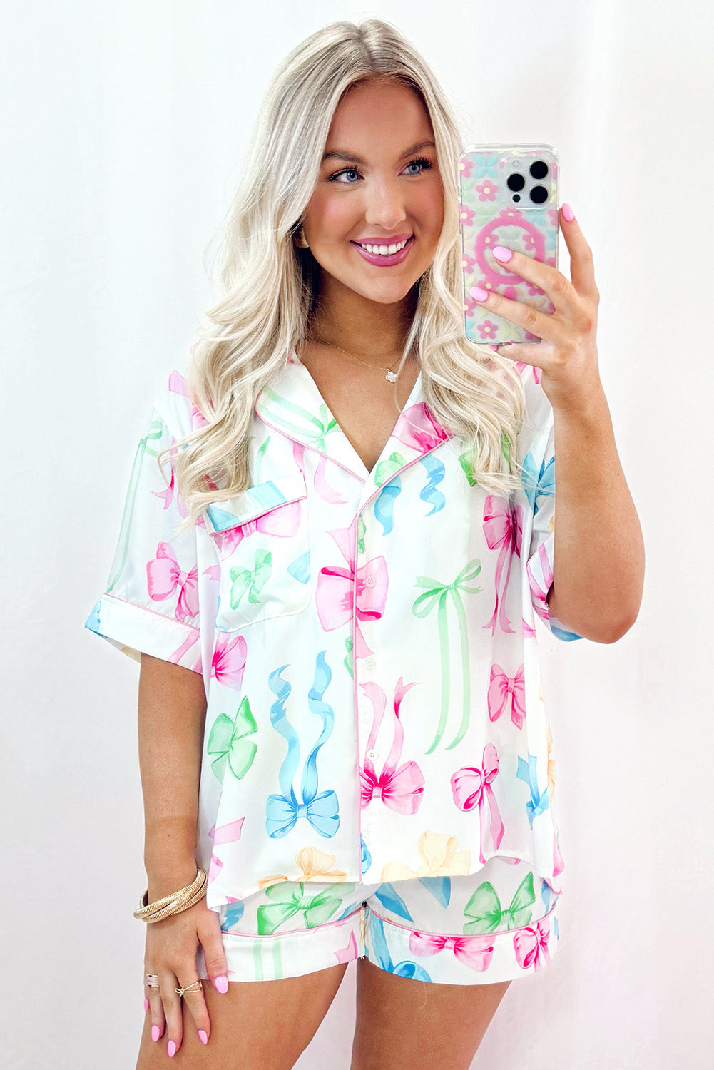 White Bowknot Print Buttoned Shirt and Shorts Pajama Set