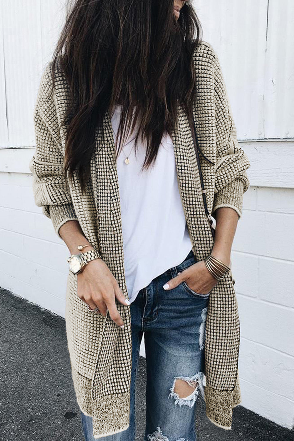 Plaid Contrast Trim Casual Knit Cardigan