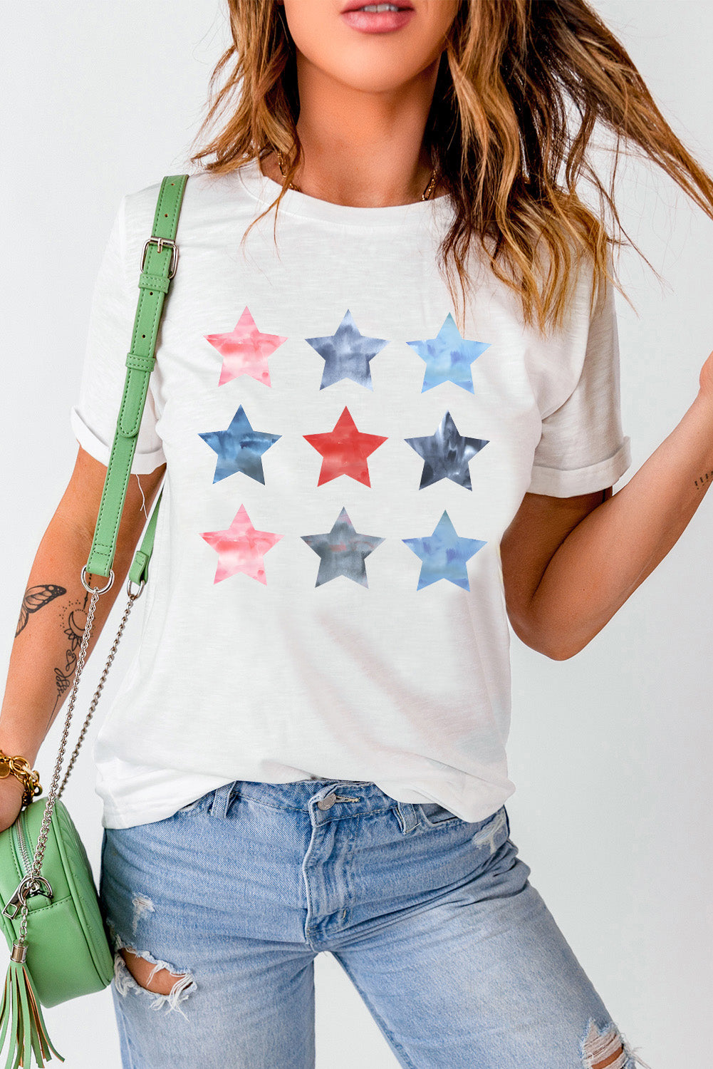 White Stars Graphic Crew Neck Roll Up Sleeve T Shirt