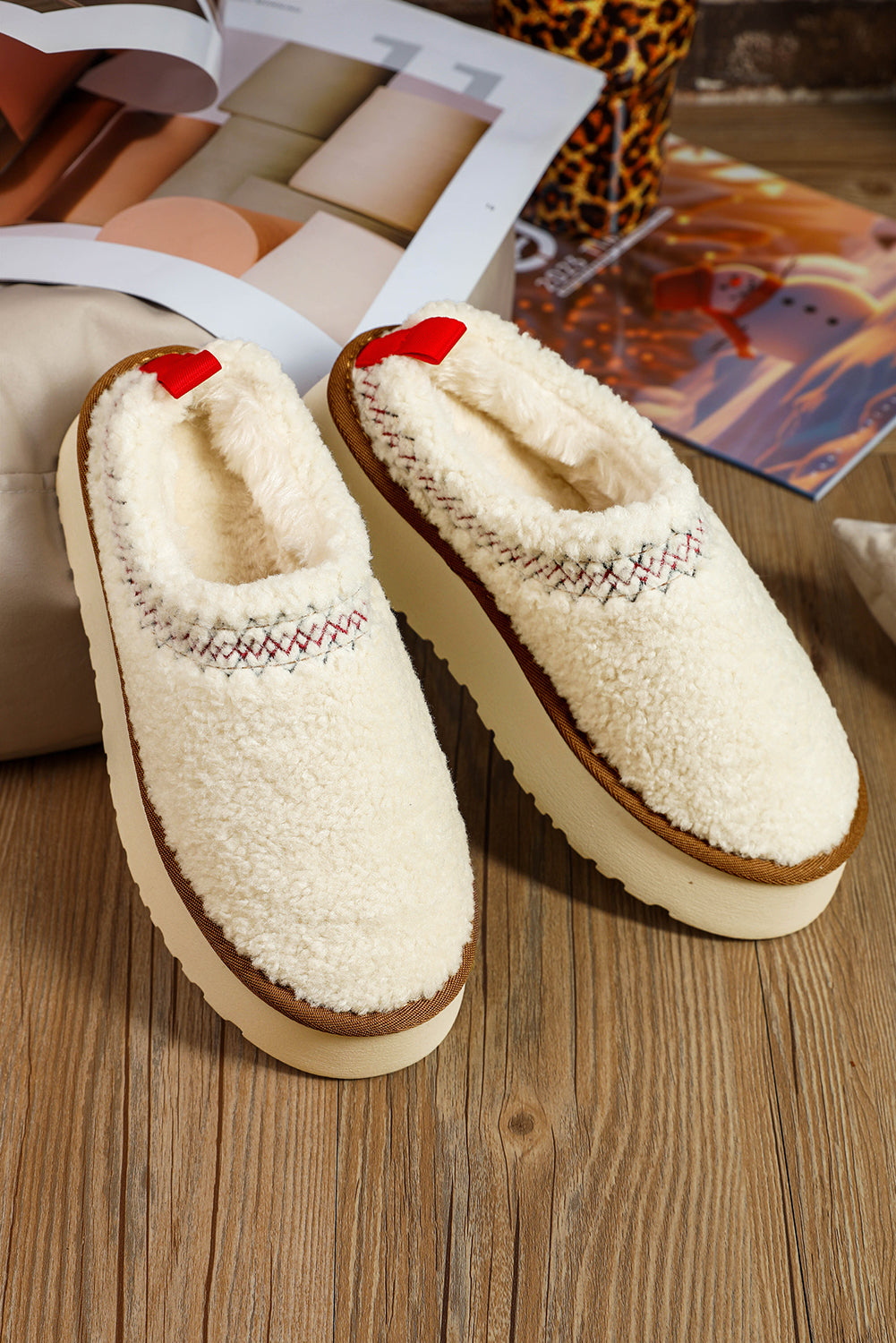 White Suede Contrast Print Plush Thick Sole Slippers