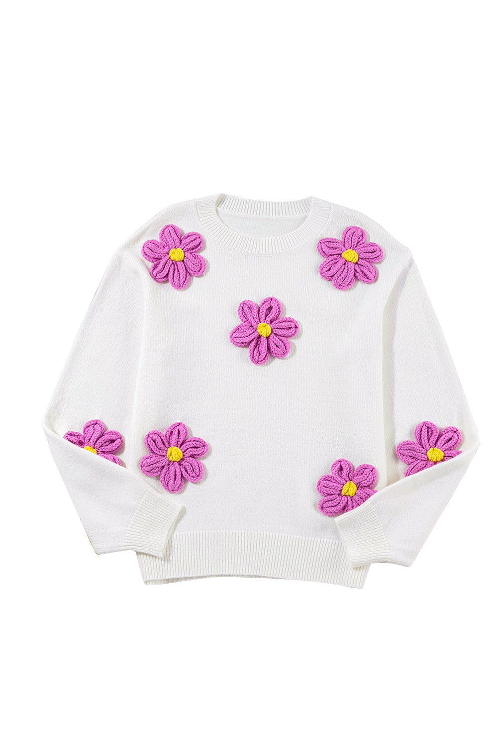 White 3D Flower Detail Loose Sweater