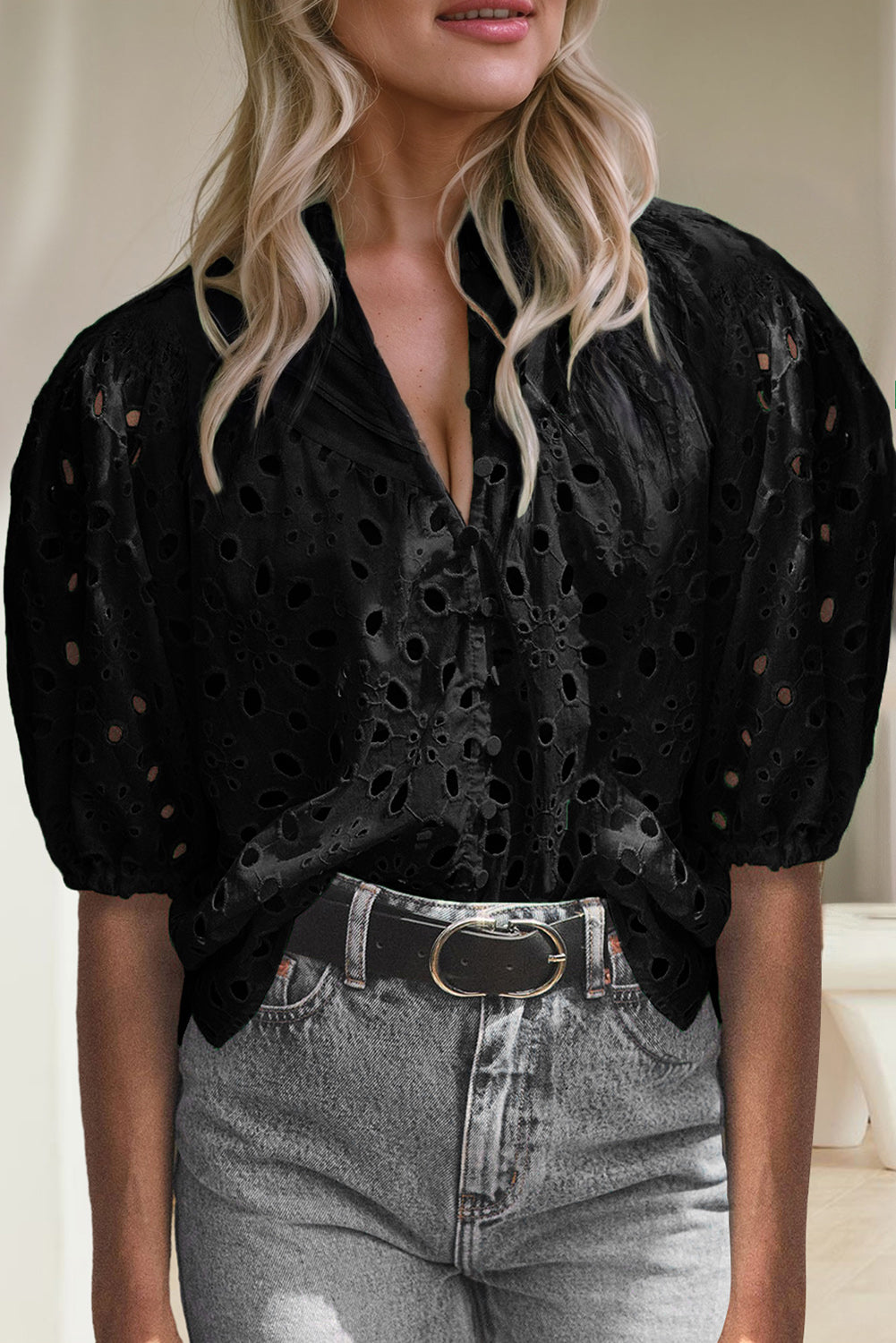 Black Hollow-out Flower Embroidered Short Puff Sleeve Blouse