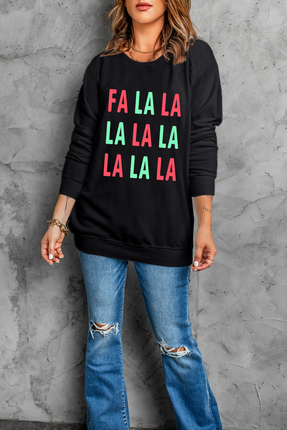 Black FA LA LA LA Print Round Neck Sweatshirt