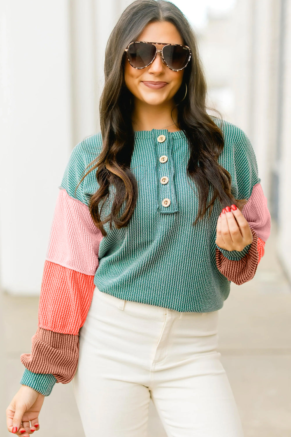 Multicolour Twisted Ribbed Colorblock Patchwork Henley Top