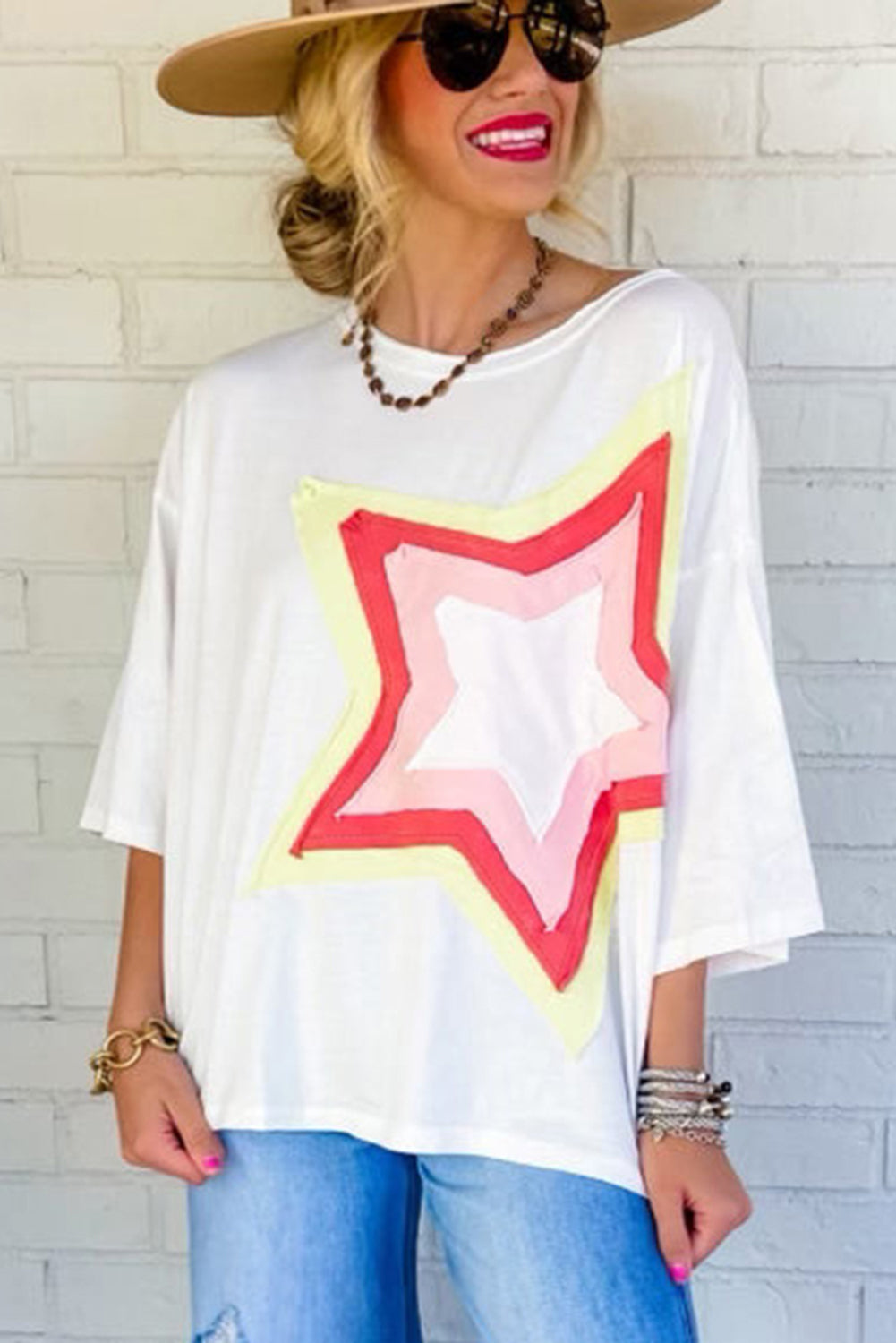 Moonlight Jade Colorblock Star Patched Half Sleeve Oversized Tee