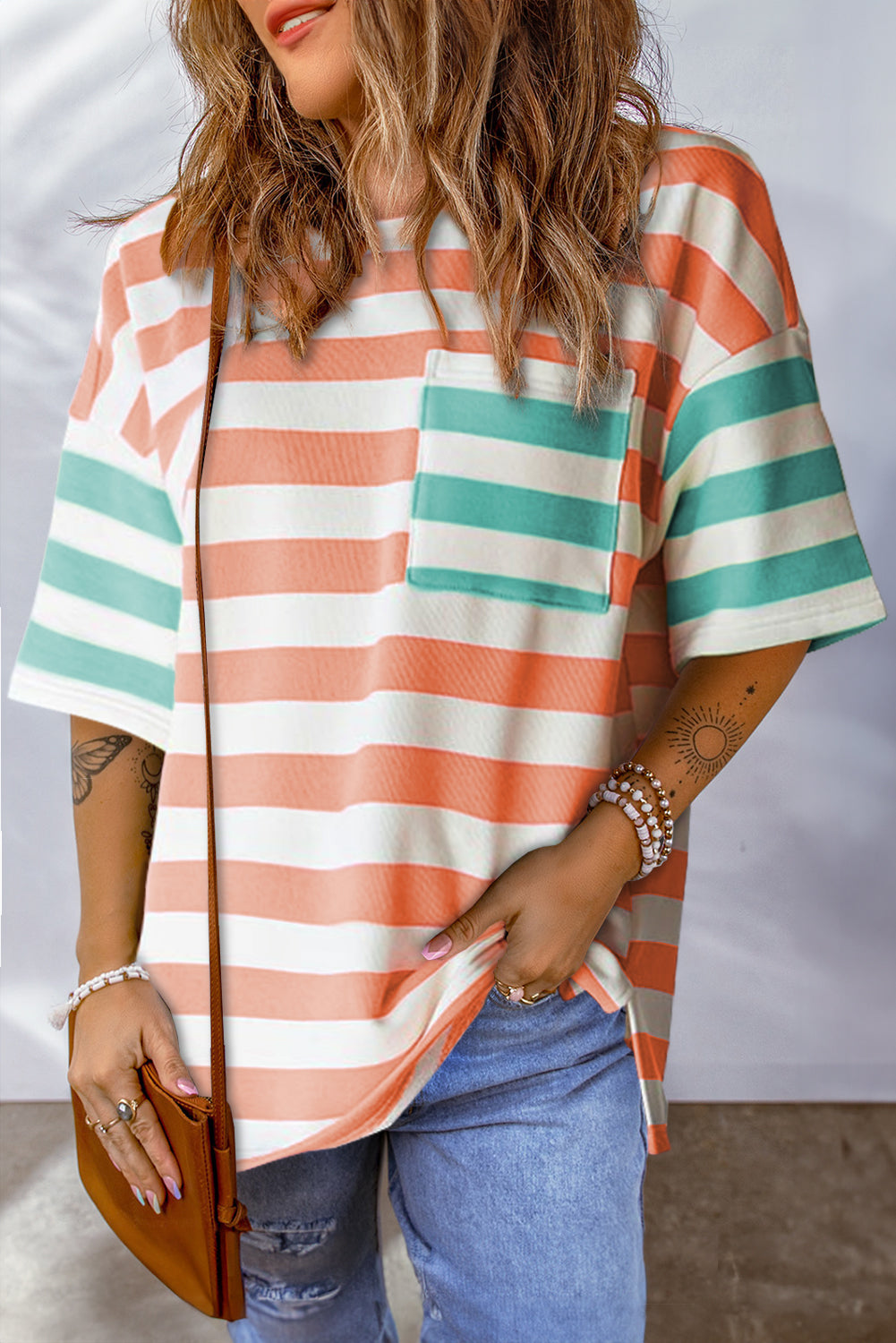 Stripe Patch Pocket Drop Sleeve Slits T Shirt