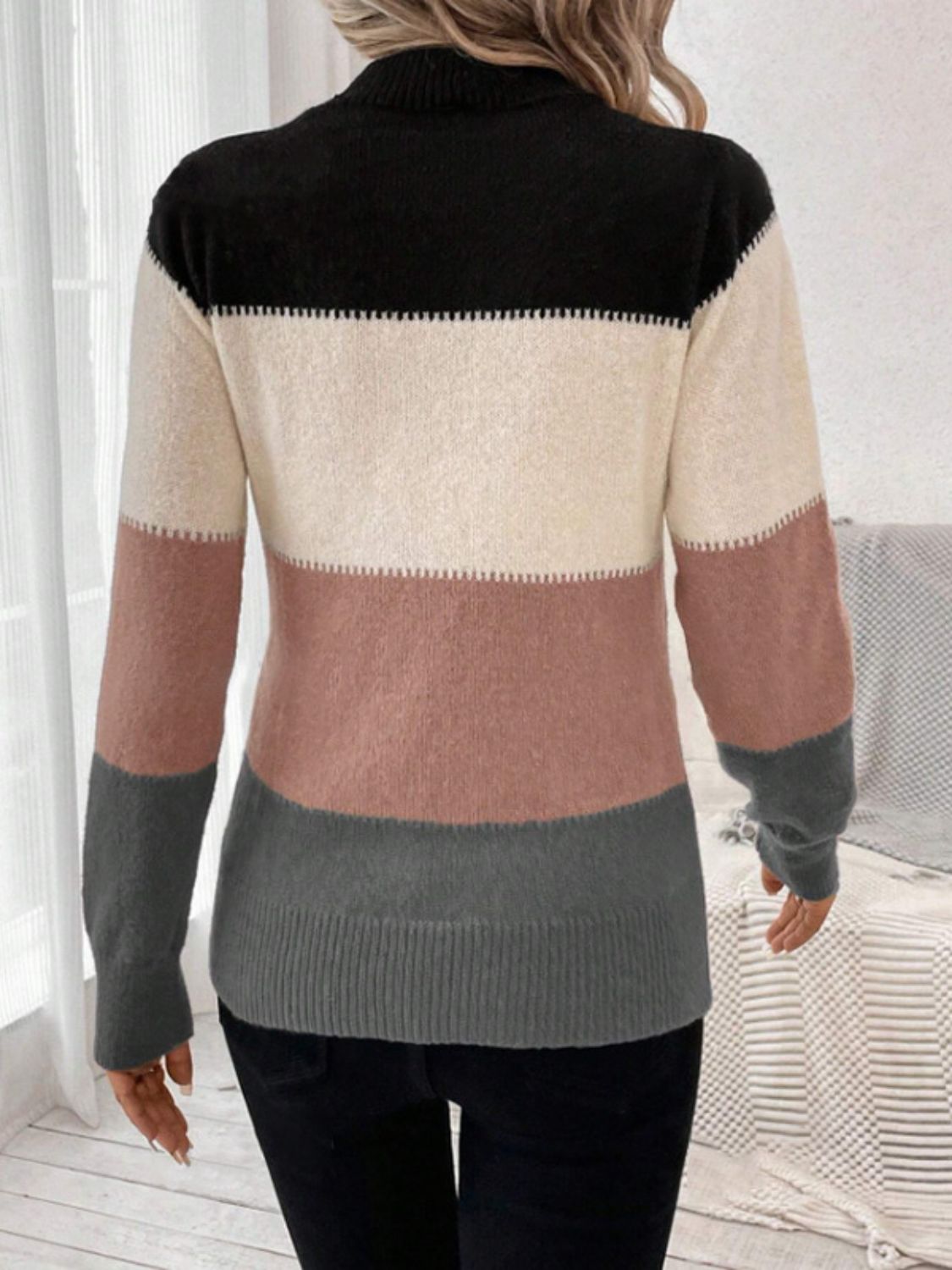 Color Block Mock Neck Long Sleeve Sweater