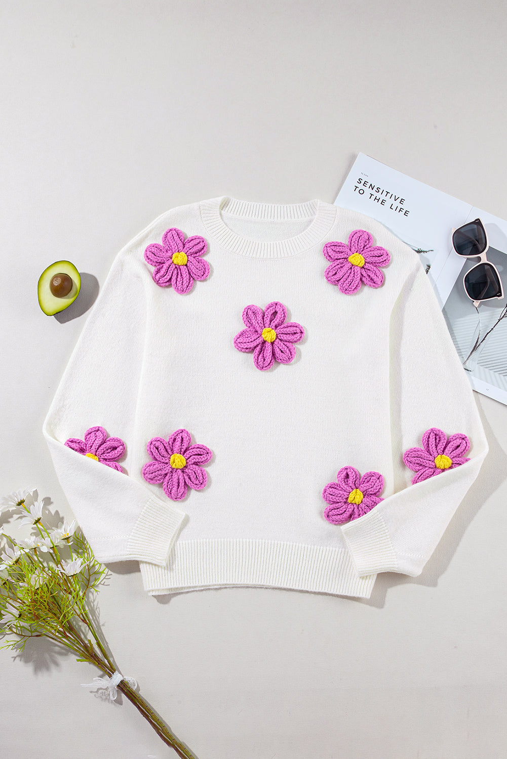 White 3D Flower Detail Loose Sweater