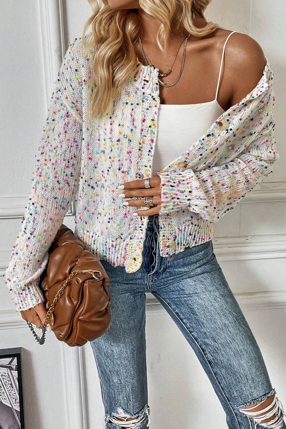 White Confetti Button Up Long Sleeve Cardigan