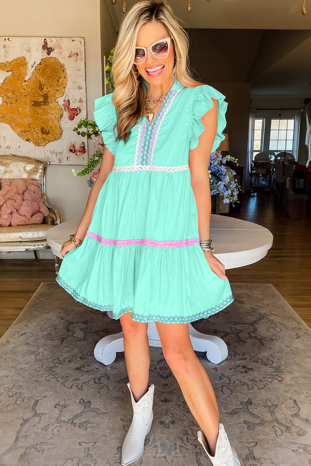 Mint Green Flutter Sleeve V Neck Ric Rac Tiered Dress