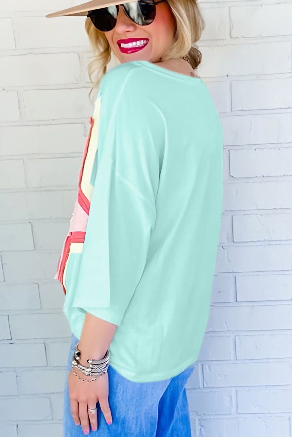 Moonlight Jade Colorblock Star Patched Half Sleeve Oversized Tee