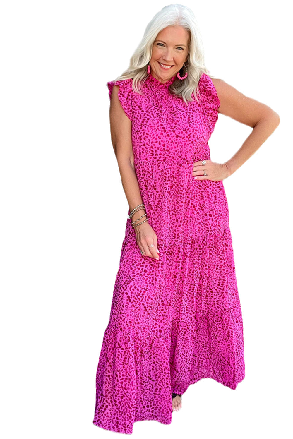 Rose Red Leopard Print Ruffle Sleeveless Maxi Dress