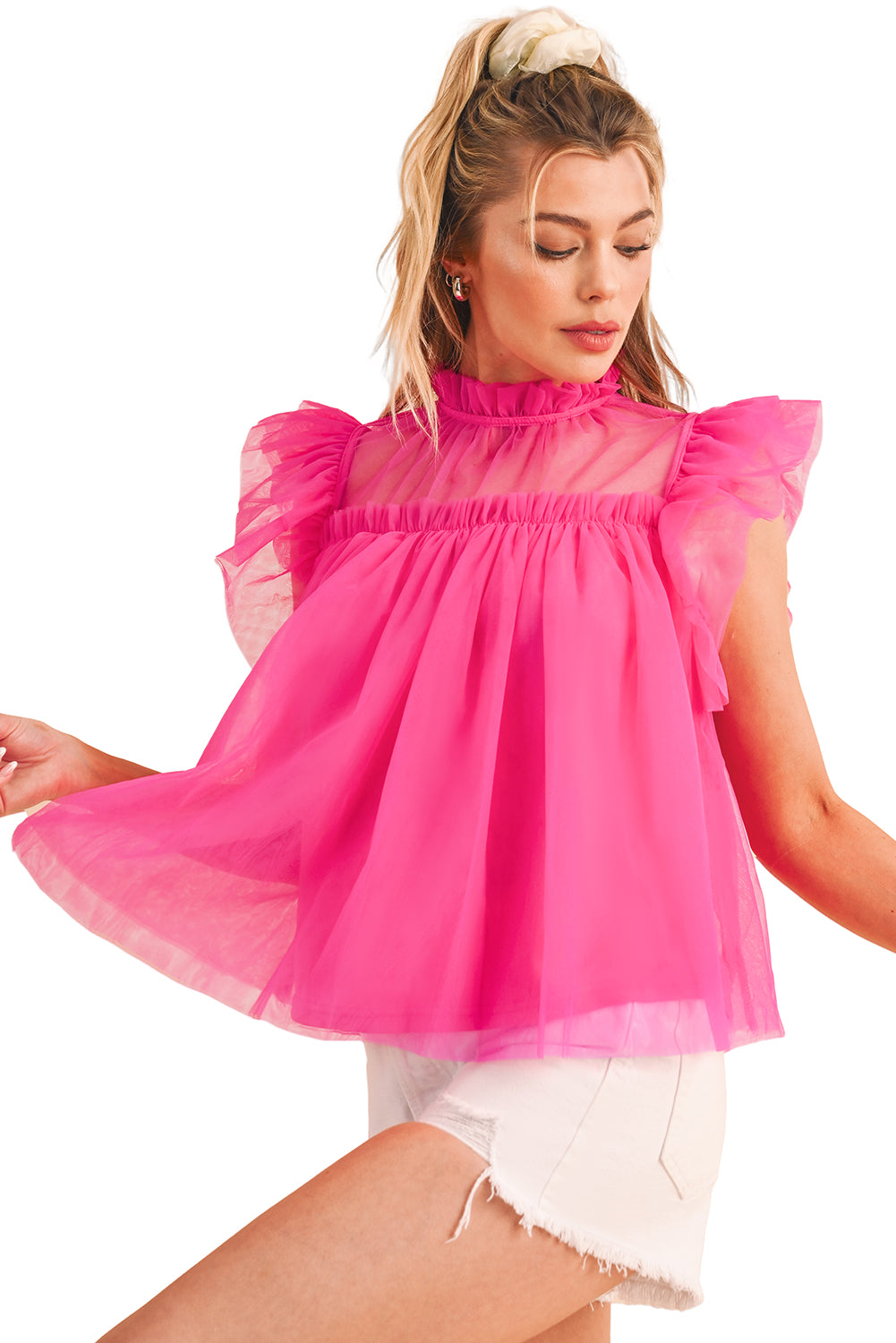 Strawberry Pink Ruffle Trim Mesh Layered Blouse