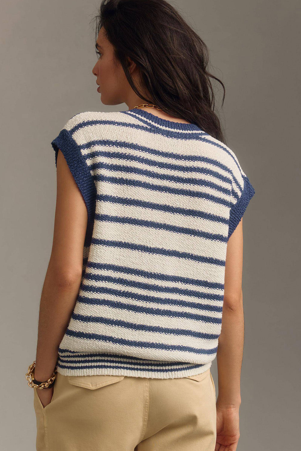 Blue Stripe Loose Buttoned V Neck Knit Vest