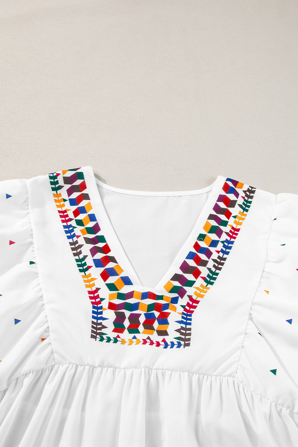 White Colorful Geometric Print V Neck Babydoll Blouse