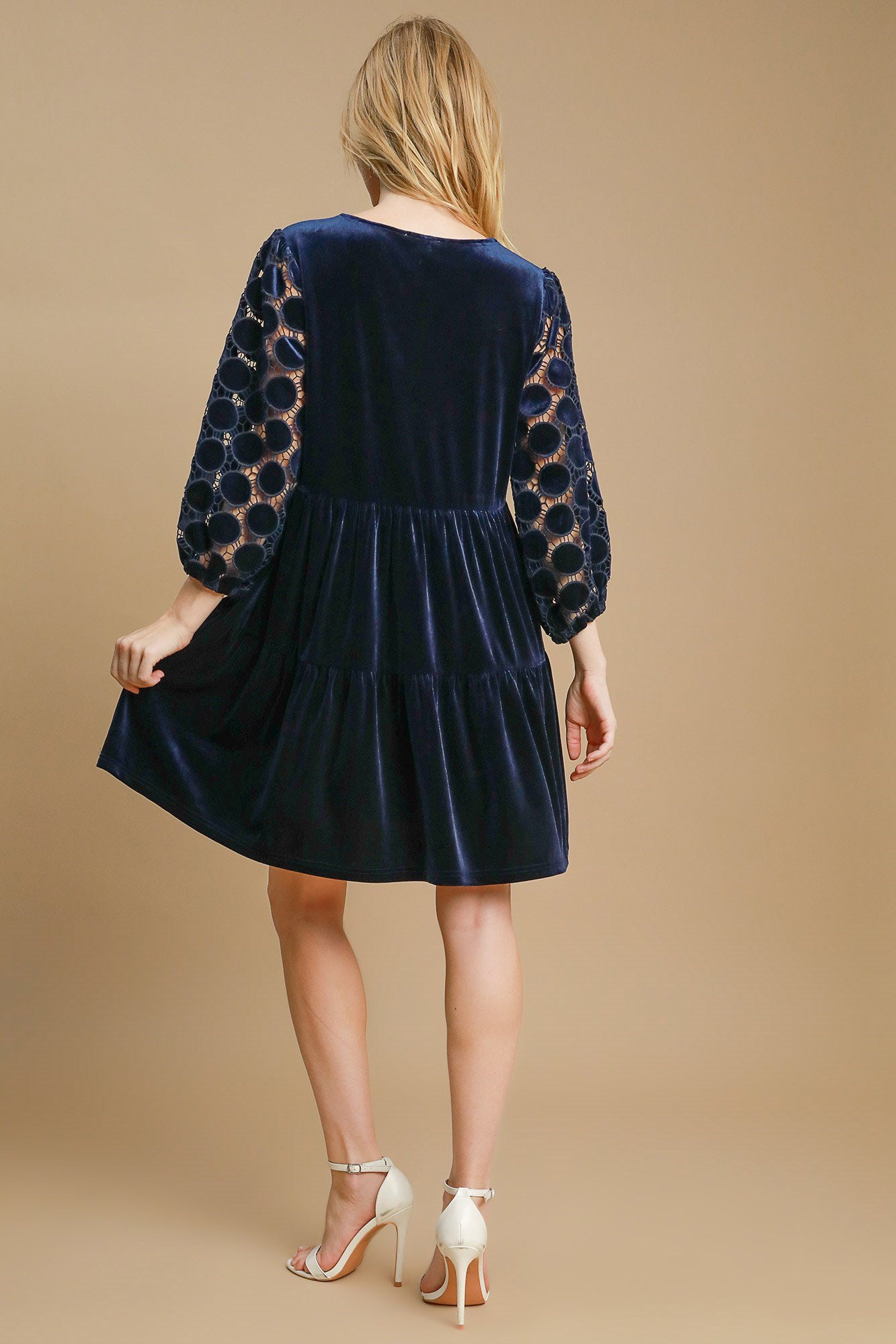 Umgee Dotted Lace Sleeve Tiered Navy Velvet Mini Dress