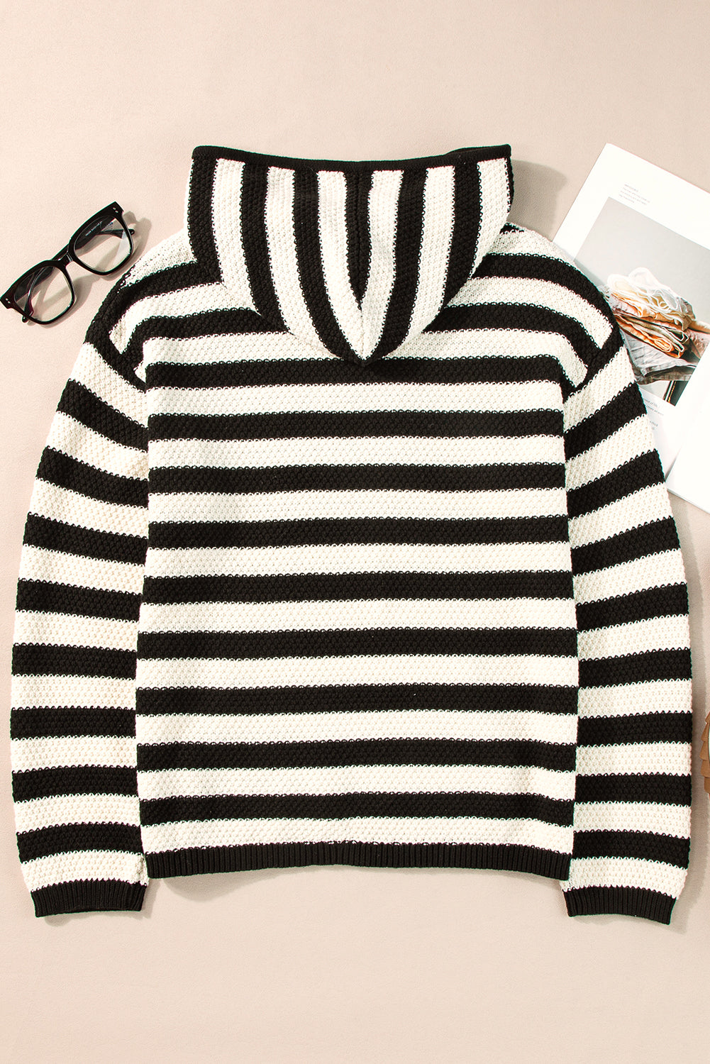 White Striped Kangaroo Pocket Hooded Sweater