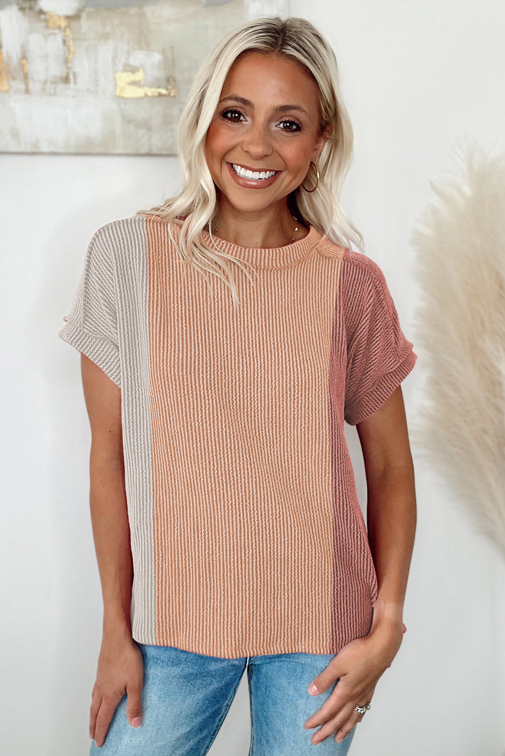 Pink Textured Colorblock Round Neck T Shirt