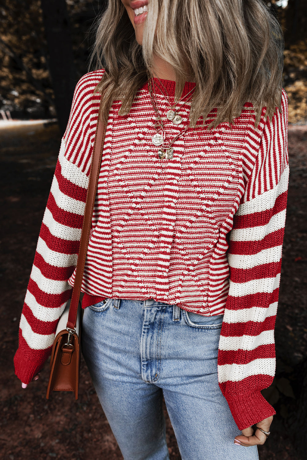 Red and White Stripe Twisted Knitted Drop Shoulder Sweater