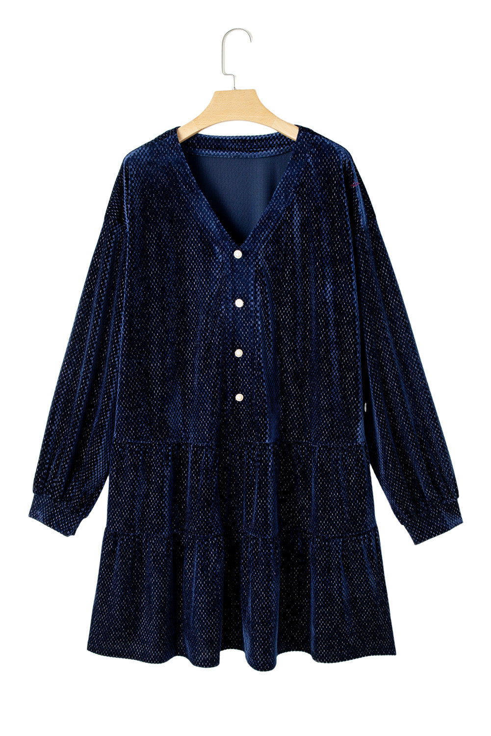 Navy Blue Textured Velvet Buttons Tiered Plus Size Dress