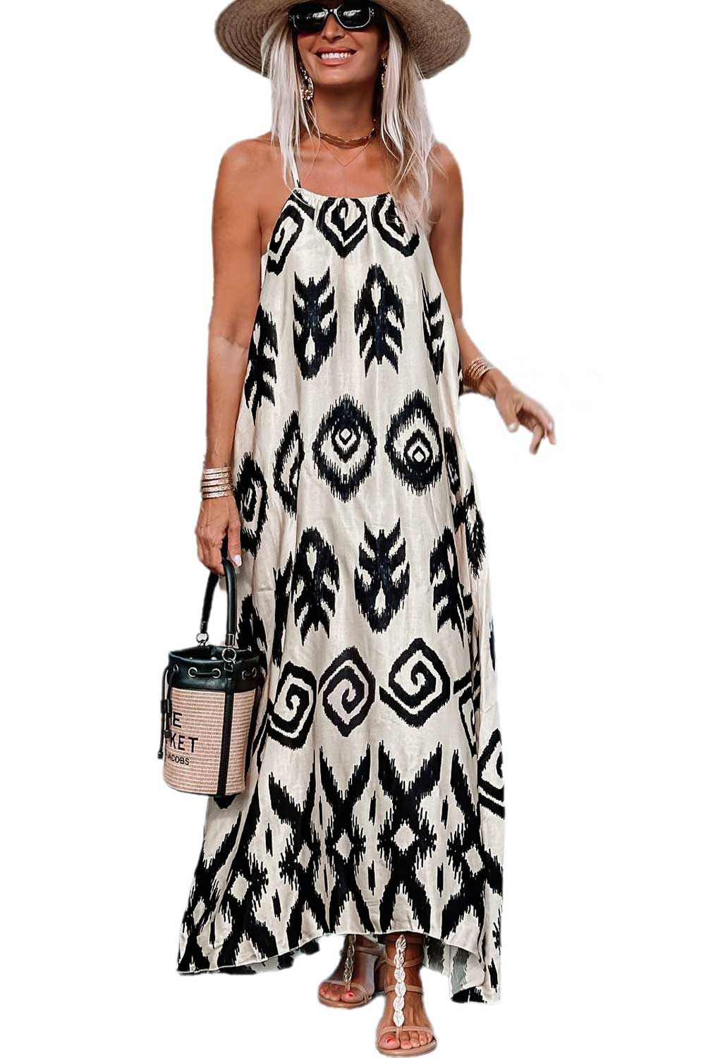 Black and White Geometric Printed Spaghetti Strap Sundress