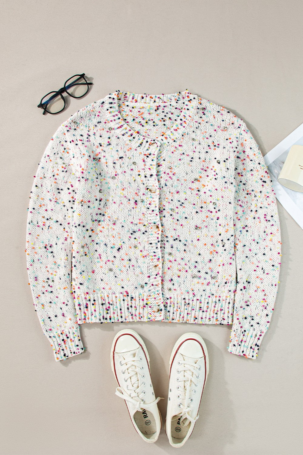 White Confetti Button Up Long Sleeve Cardigan