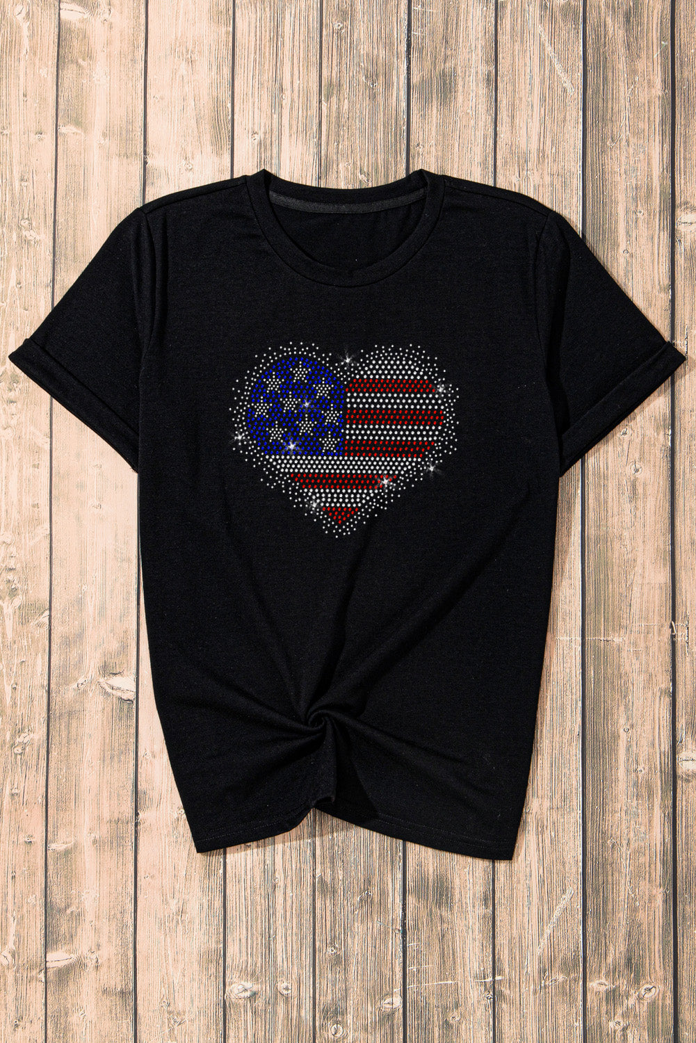 Black Rhinestone American Flag Heart Shape Graphic Tee