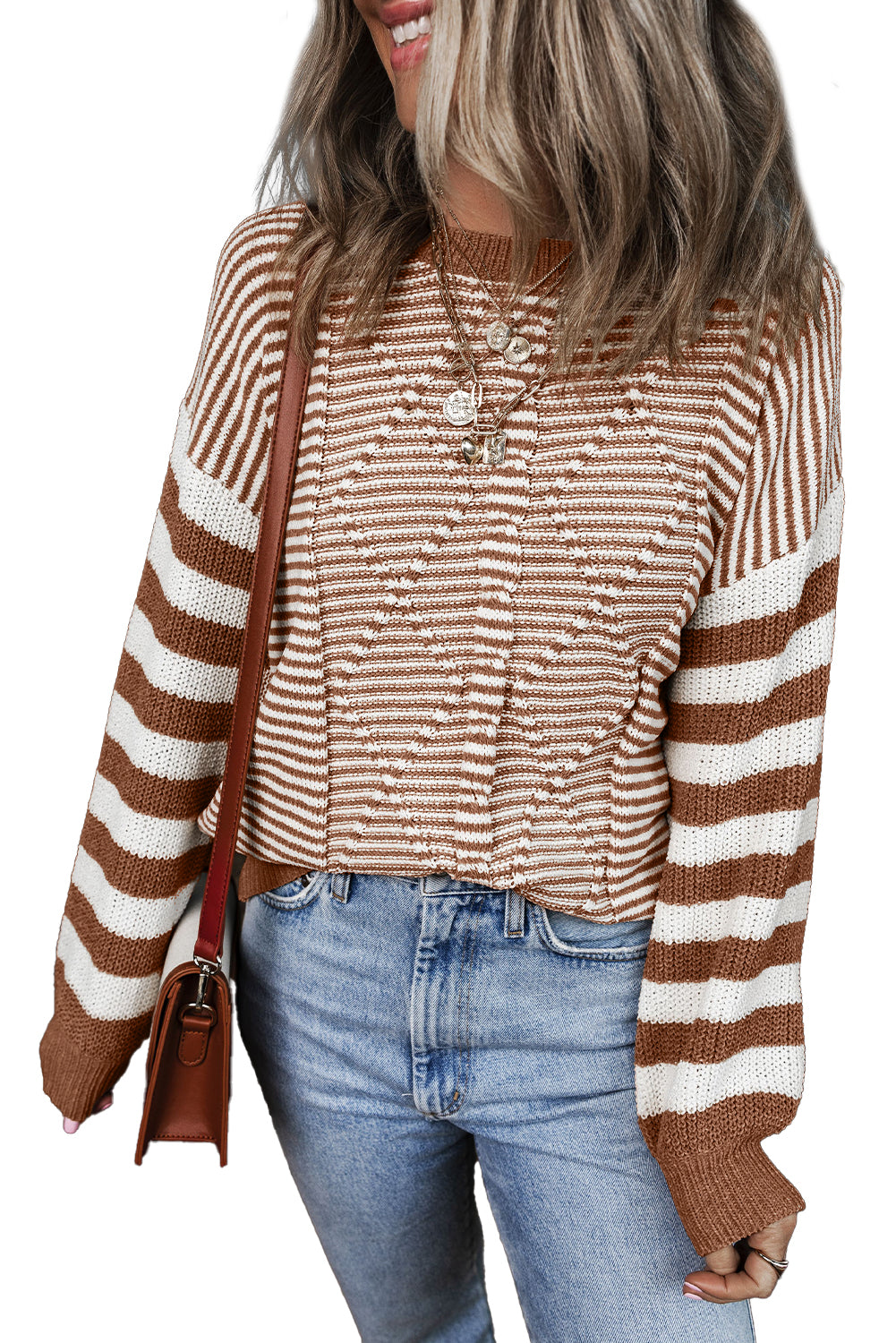 Red and White Stripe Twisted Knitted Drop Shoulder Sweater