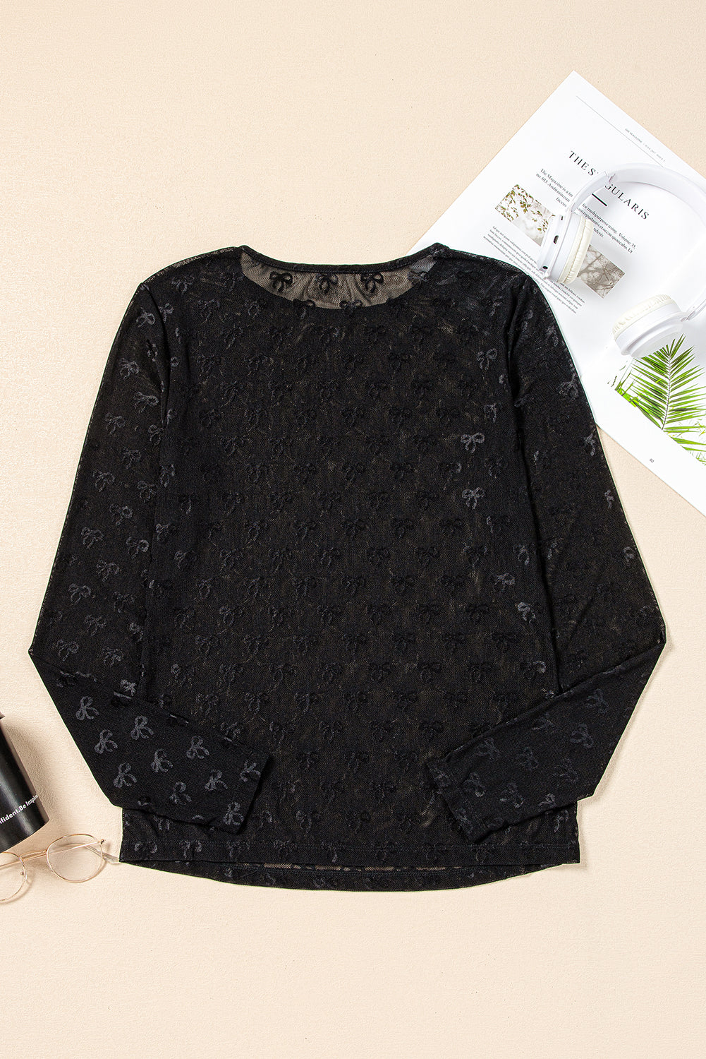 Black Bow Pattern Long Sleeve Slim Fit Mesh Top