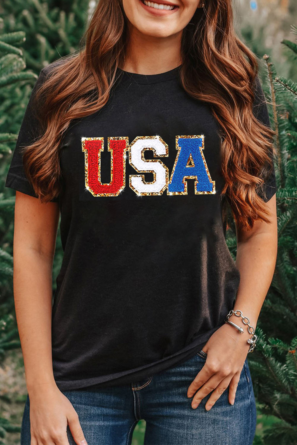 Black Casual USA Letter Print Graphic Tee