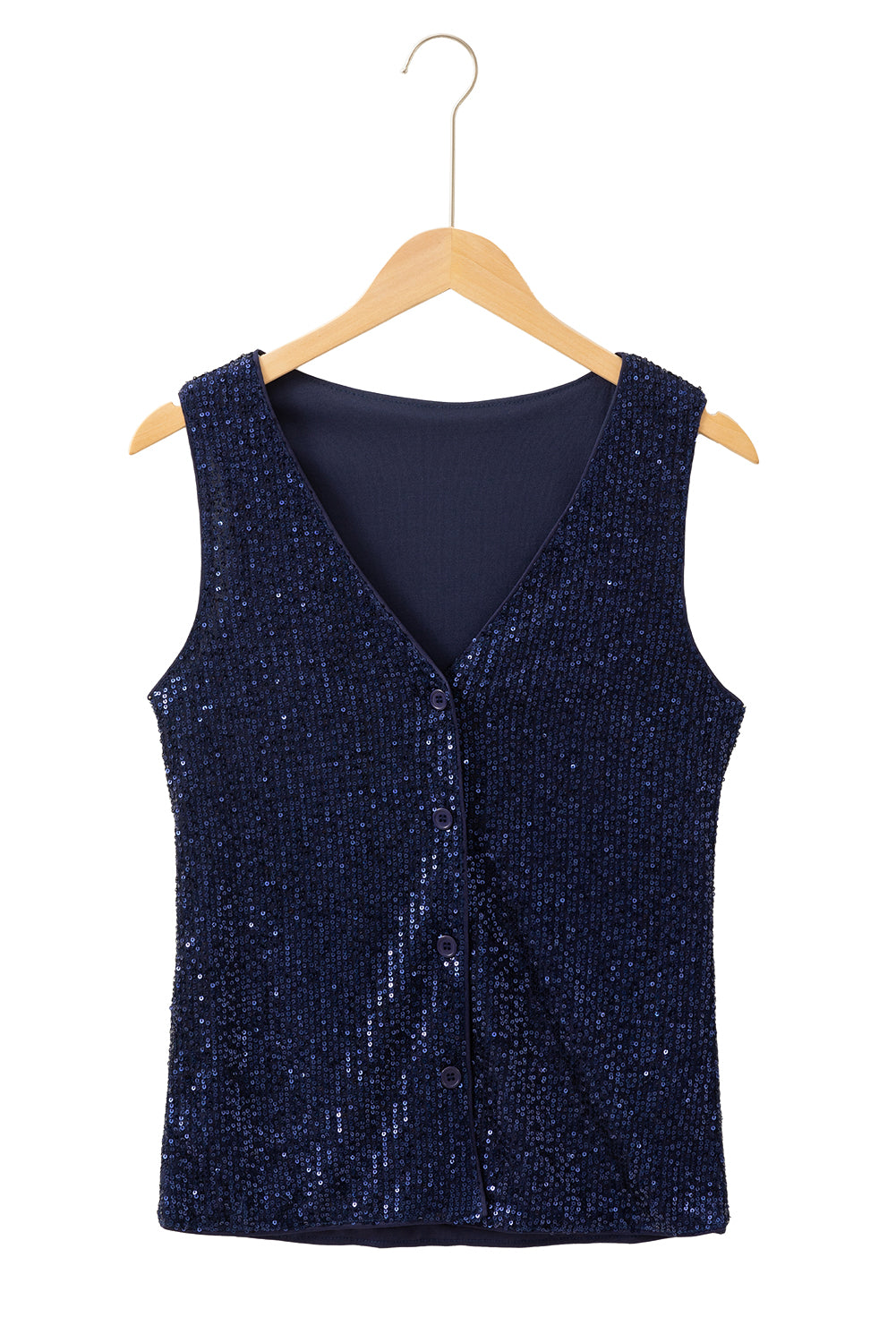 Dirty Blue Sequin Deep V Neck Buttoned Sleeveless Top