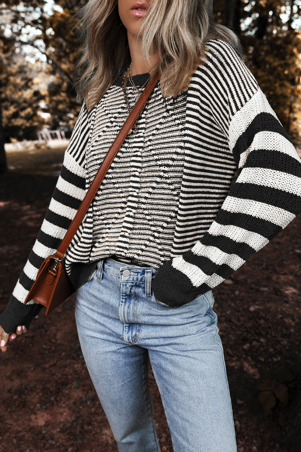 Red and White Stripe Twisted Knitted Drop Shoulder Sweater