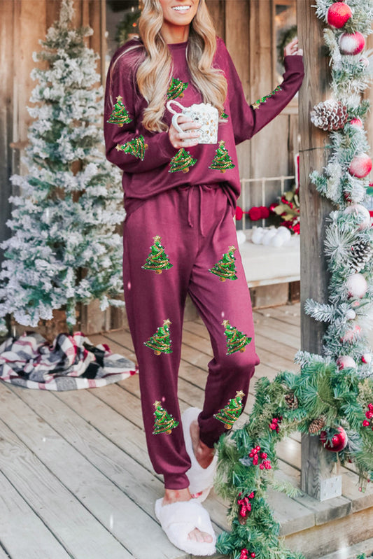 Red Sequined Christmas Tree Graphic Loungewear Set