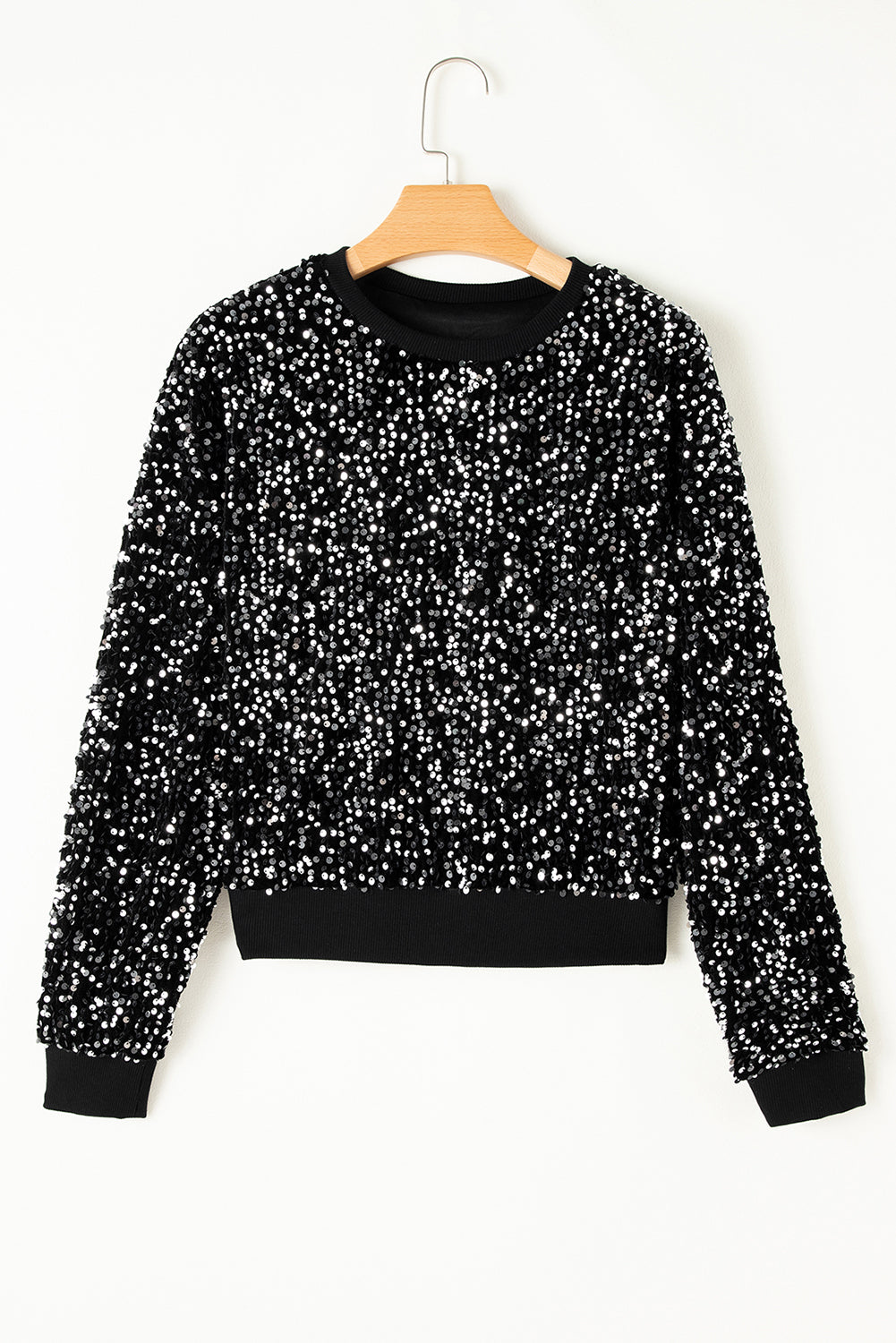 Black Sequined Crew Neck Cropped Sweatshirt