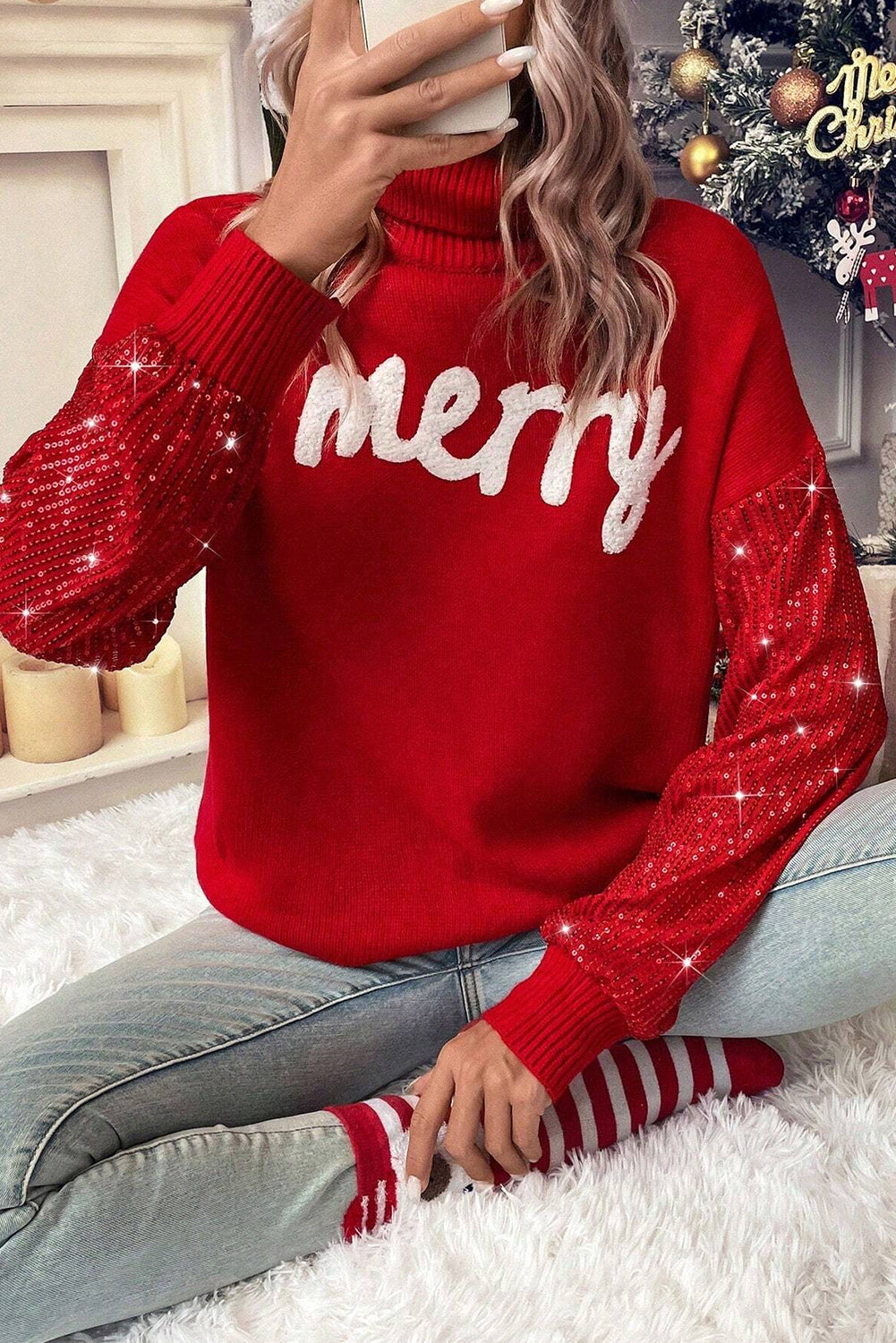 A Racing Red Merry Graphic Sequin Sleeves Christmas Sweater