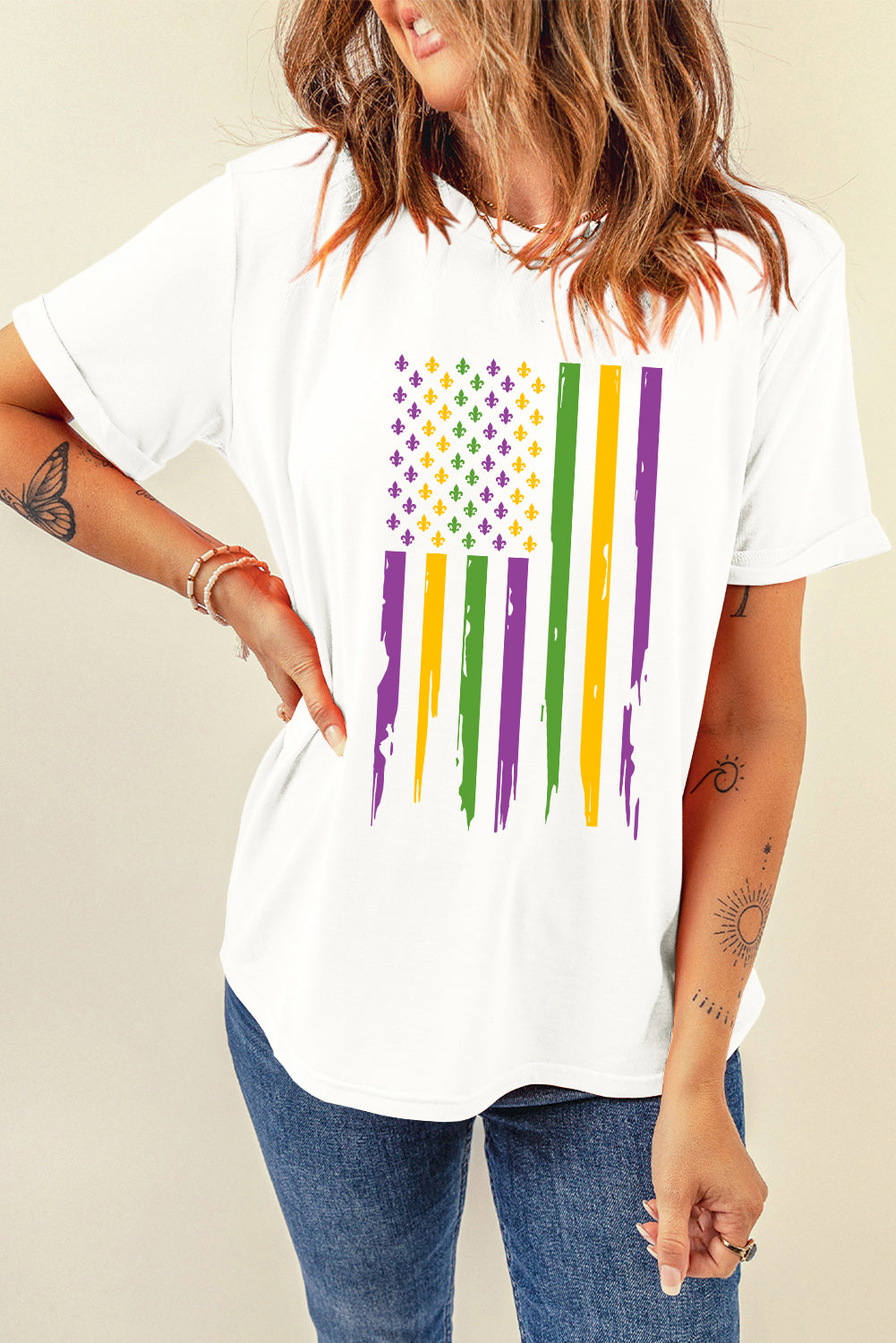 White Mardi Gras USA Flag Print Graphic Crewneck Tee