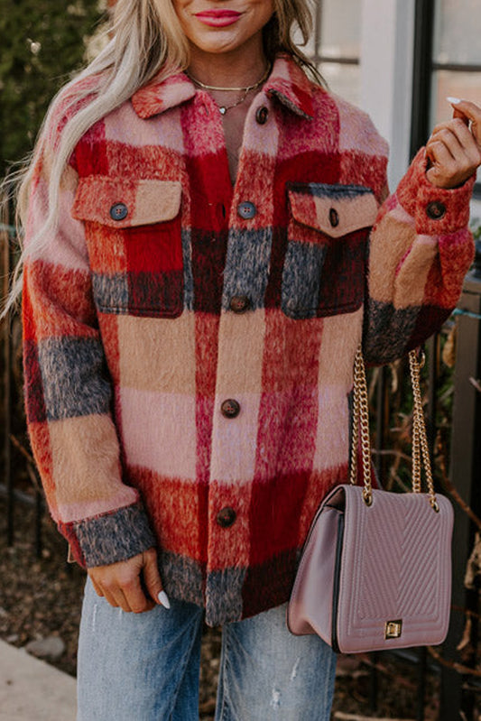 Orange Plaid Print Flap Pockets Buttoned Plus Size Jacket