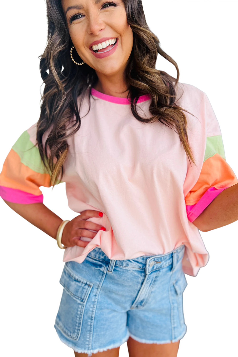 Color Block Sleeve Round Neck Oversize Top