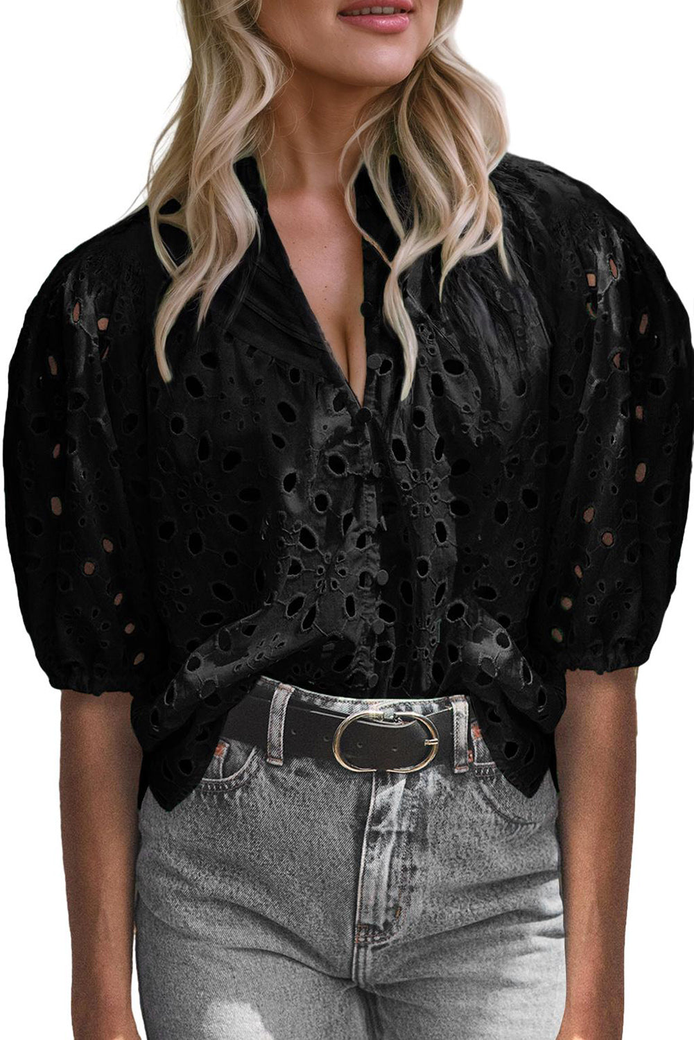 Black Hollow-out Flower Embroidered Short Puff Sleeve Blouse