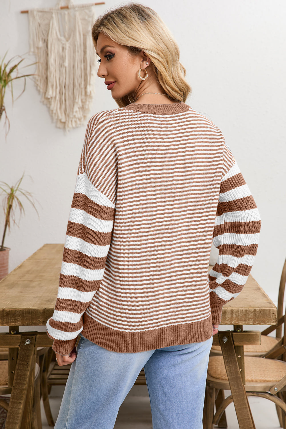 Red and White Stripe Twisted Knitted Drop Shoulder Sweater